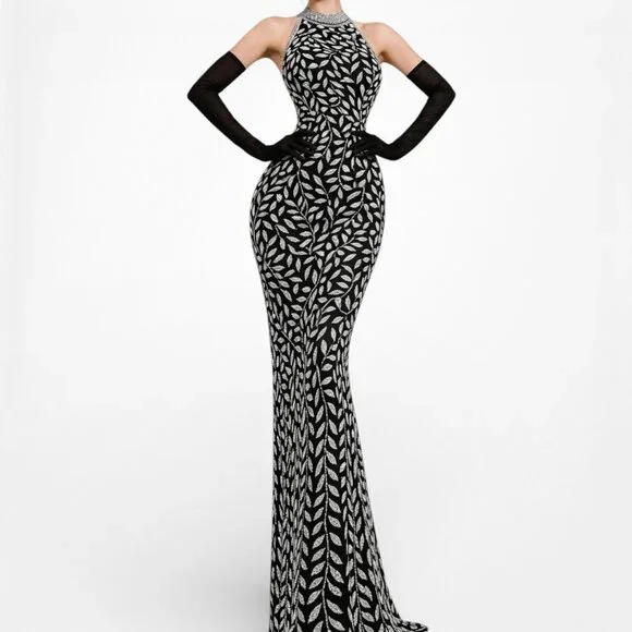 Vintage Y2K Black White Gray Floral Beaded Maxi Bodycon Formal Dress M - Picture 2 of 9